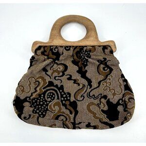 vintage TAPESTRY HANDBAG purse brocade floral wooden handle boho retro colorful